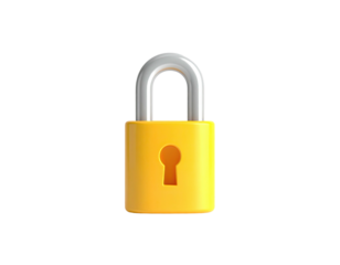 A shiny yellow padlock, with a silver shackle, on a black background