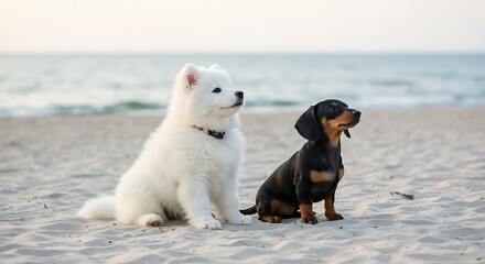 Two dogs sit on sandy beach watching horizon ocean view