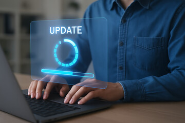 Person updating software on a modern laptop with a bright blue glowing holographic screen displaying "update" and a circular progress bar in the foreground of the image