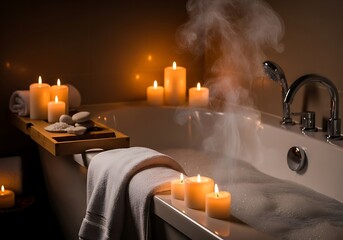 Steaming bathtub with candles and towels, creating a relaxing and tranquil spa atmosphere for ultimate relaxation