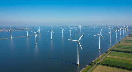Wind turbines generating clean energy offshore in calm water on a sunny day