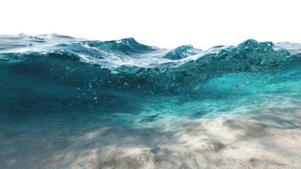Underwater view of tropical sea with wave and foam, isolated on transparent cutout background