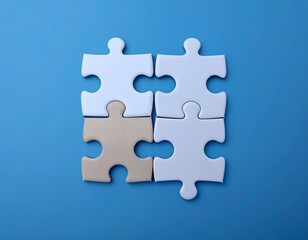 Fototapeta premium Four white puzzle pieces, with one tan piece in the center, on a vibrant blue background. A simple, clean image of a puzzle