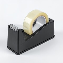 Adhesive tape dispenser with a roll of clear tape on white background surface