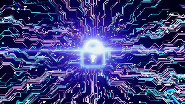 Futuristic digital security concept with a glowing lock at the center. Top-down angle highlights circuit patterns, ideal for tech-themed video content. Live desktop wallpaper.