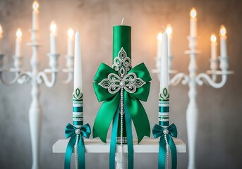 Three decorative green and white candles with bows on a shelf, ready for a celebration