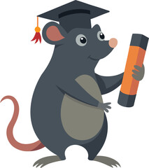 A cute cartoon rat wearing a black graduation cap with a red tassel, holding a diploma scroll, symbolizing academic achievement and learning.