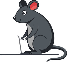 A cartoon gray mouse standing on its hind legs while typing on a small laptop computer.