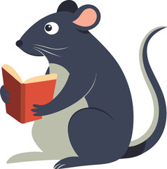 A cartoon illustration of a clever gray rat wearing a small black hat while intently reading a red book.
