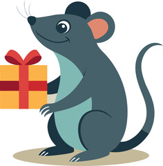 A charming gray cartoon mouse stands happily while holding a yellow gift box tied with a red ribbon.