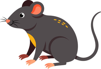 A stylized cartoon illustration of a dark gray rat with yellow markings, sitting on a white background.