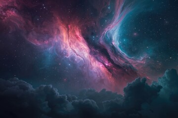 Fototapeta premium A nebula with pink and blue hues with stars and clouds in the foreground in a dark space setting
