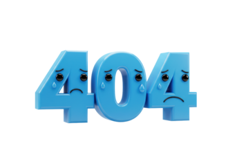 Isolated 404 error sad face number cartoon characters render no background light blue