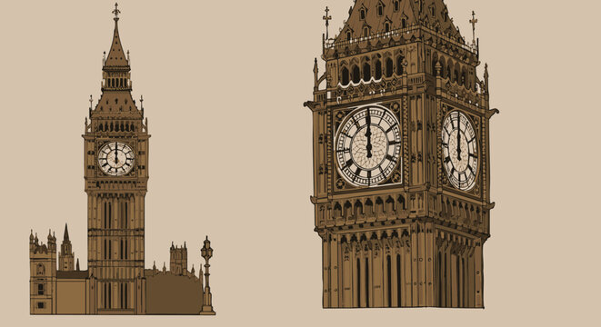 Big Ben Illustrations Iconic London Landmark Clock Tower Designs, Vector Art on Beige Background