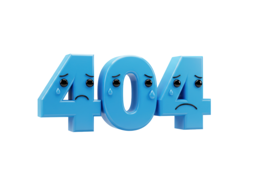 Isolated 404 error sad face number cartoon characters render no background light blue