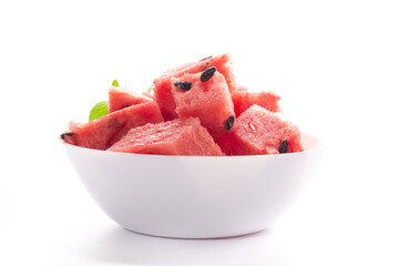 Fresh juicy watermelon pieces in a white bowl