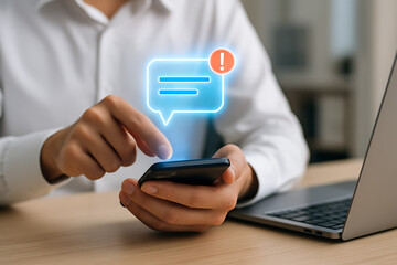 Person using smartphone with glowing notification message icon alert symbolizing new communication or important mobile device reminder