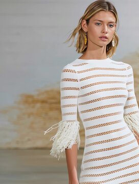 Runway Fashion Show Featuring Female Model in Slim-Fit Lightweight Knit Dress with Fringe and Sheer Cut-Out Stripes, Airy Summer Texture, Zara Summer 2026 Aesthetic, Minimal Clean Catwalk Background
