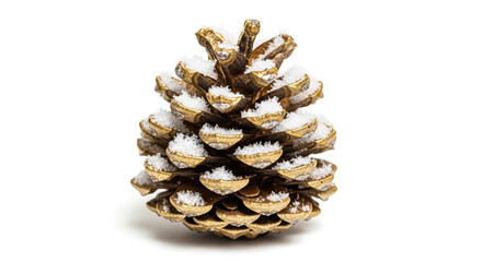Macro of Golden Pinecone with Snow on White Background