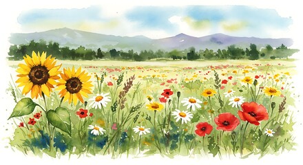 Watercolor painting of sunflowers and wildflowers in a vibrant meadow scene