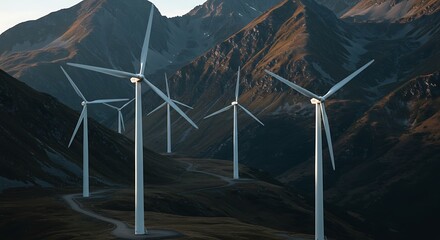 Wind turbines on mountain landscape generating renewable energy