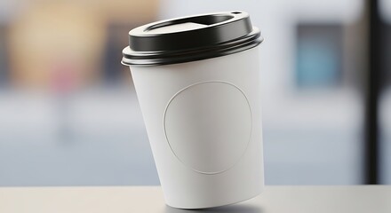 Obraz premium A white disposable coffee cup with a black lid sits on a surface, blurred background.