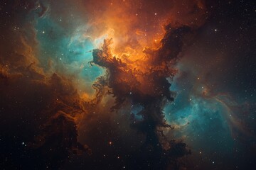 Fototapeta premium A celestial canvas featuring orange nebula and blue space dust with scattered stars in the darkness