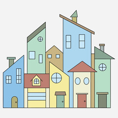 Colorful and whimsical vector illustration of a charming city, featuring an abstract skyline with diverse houses and buildings in a modern graphic style
