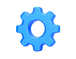 A glossy, light-blue gear icon isolated on a stark black background