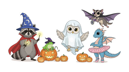 Whimsical Halloween Friends: A charming scene features delightful creatures, each adorned in festive costumes and poses. Capturing a playful essence of Halloween fun. 