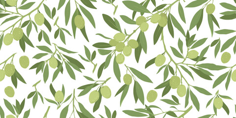 Branches with olives seamless pattern. Olive ripe black and green fruits background. Branding concept for olive oil company, organic, eco-friendly products and culinary services