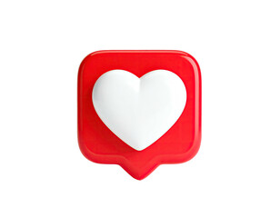 A 3D red speech bubble containing a white heart, rendered against black