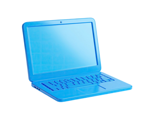 Bright blue, stylized laptop, angled, displaying a blank, grid-lined screen
