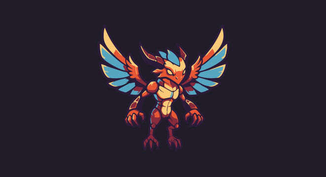 Crimson winged mythical creature with sharp claws and a fierce expression, digital art