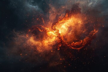 Fototapeta premium A fiery nebula with swirling clouds and bright orange glows in a dark cosmic environment view scene