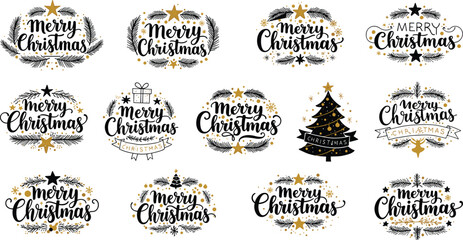 PrintMerry Christmas typography badge collection, festive holiday labels with stars, wreaths, gifts, tree, gold and black decorative elements for celebration