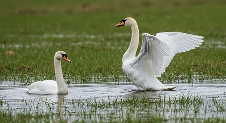 Obraz premium Two elegant white swans in a natural wetland environment during daylight