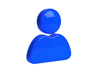 Glossy, blue, 3D icon of a person, rendered on a black background