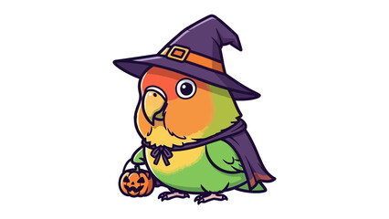 Spooky Parrot's Halloween Fun: A cheerful parrot dressed in a classic witch hat, complete with a purple cloak, carries a jack-o'-lantern, ready for a night of spooky fun and trick-or-treating.