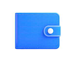 A 3D rendering of a blue, square wallet with a clasp and button