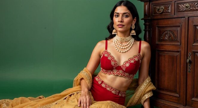 Elegant Indian Woman in Red Designer Bra with Golden Saree and Pearl Jewelry generative ai