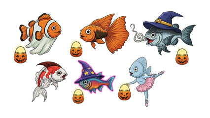 Whimsical Undersea Halloween Parade: A colorful illustration showcases playful fish in Halloween costumes, each holding a jack-o'-lantern treat.