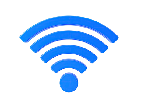Stylized bright blue Wi-Fi icon radiating waves against a stark black background