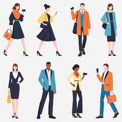 Obraz premium A diverse mix of modern urban professionals, men and women, captured in various poses, showcasing city life, business, and digital interaction