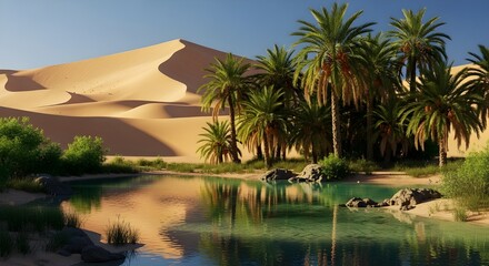Fototapeta premium Discover serene desert oasis with shimmering water and palm trees in stunning sunlight for travel inspiration