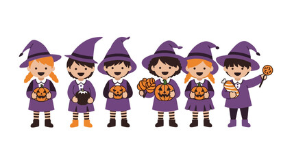Halloween Gathering: An enchanting illustration showcases a charming group of children dressed as witches, holding pumpkins, ready for trick-or-treating and festive fun. 