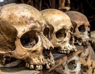 Obraz premium Three aged skulls displayed on a wooden shelf