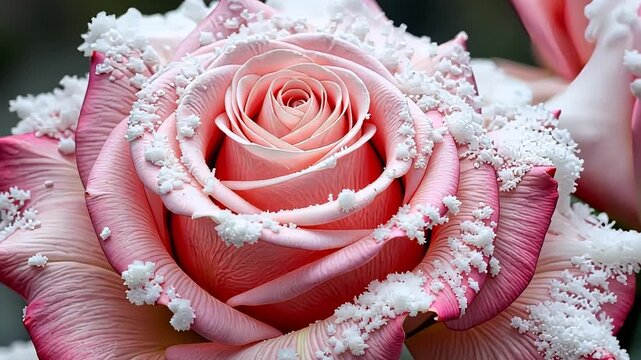 Close-up of a pink rose delicately dusted with fresh, crystalline snowflakes, highlighting its intricate petals and color contrasts in a wintery setting