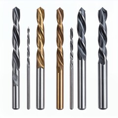 Diverse drill bits arrayed on a clear white backdrop for industrial applications