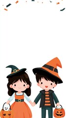 Cute children in Halloween costumes trick-or-treating with blank background.